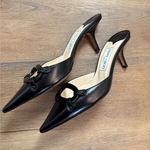 Jimmy Choo Black Leather Pointed-Toe Kitten Heel Pumps with Buckle Detail